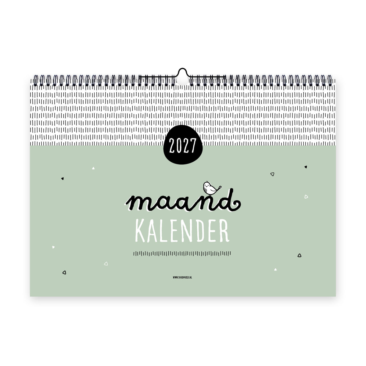 Vooraanzicht XL maandkalender 2027 op A3 formaat, met zwarte ringband en ophanghaakje. Sfeervol zwart wit ontwerp met groene achtergrond. 