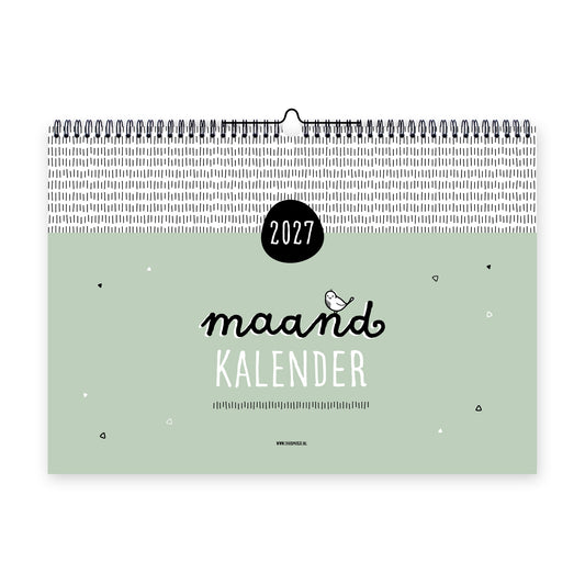 Vooraanzicht XL maandkalender 2027 op A3 formaat, met zwarte ringband en ophanghaakje. Sfeervol zwart wit ontwerp met groene achtergrond. 
