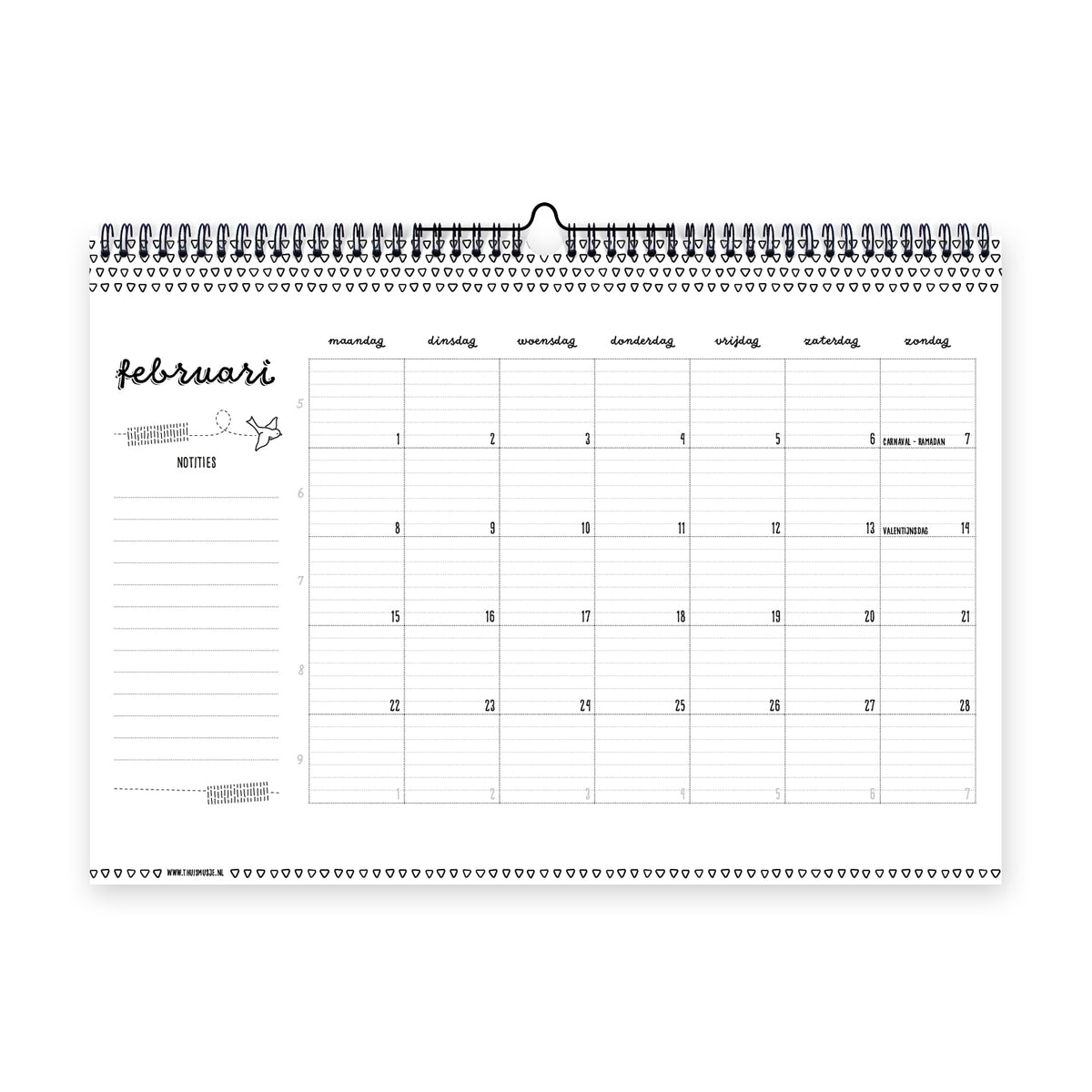Digitaal beeld van de maand februari in de maandkalender 2027
