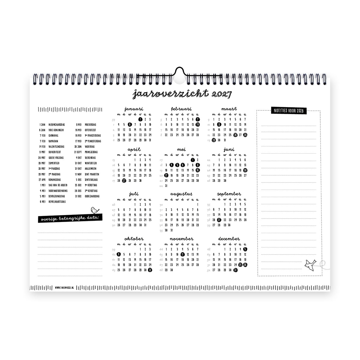 Digitaal beeld van het jaaroverzicht achterin de maandkalender 2027. 