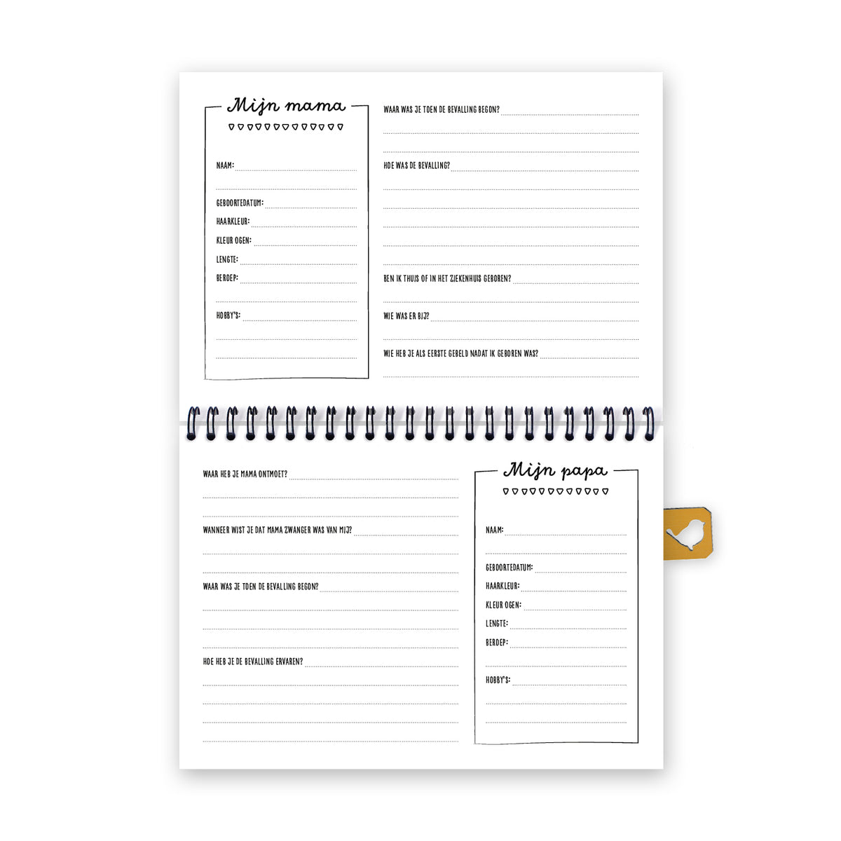 Vooraanzicht binnenzijde van pagina's over mama en papa met bijbehorende leuke vragen. Vrolijk ontwerp in zwart wit. 
