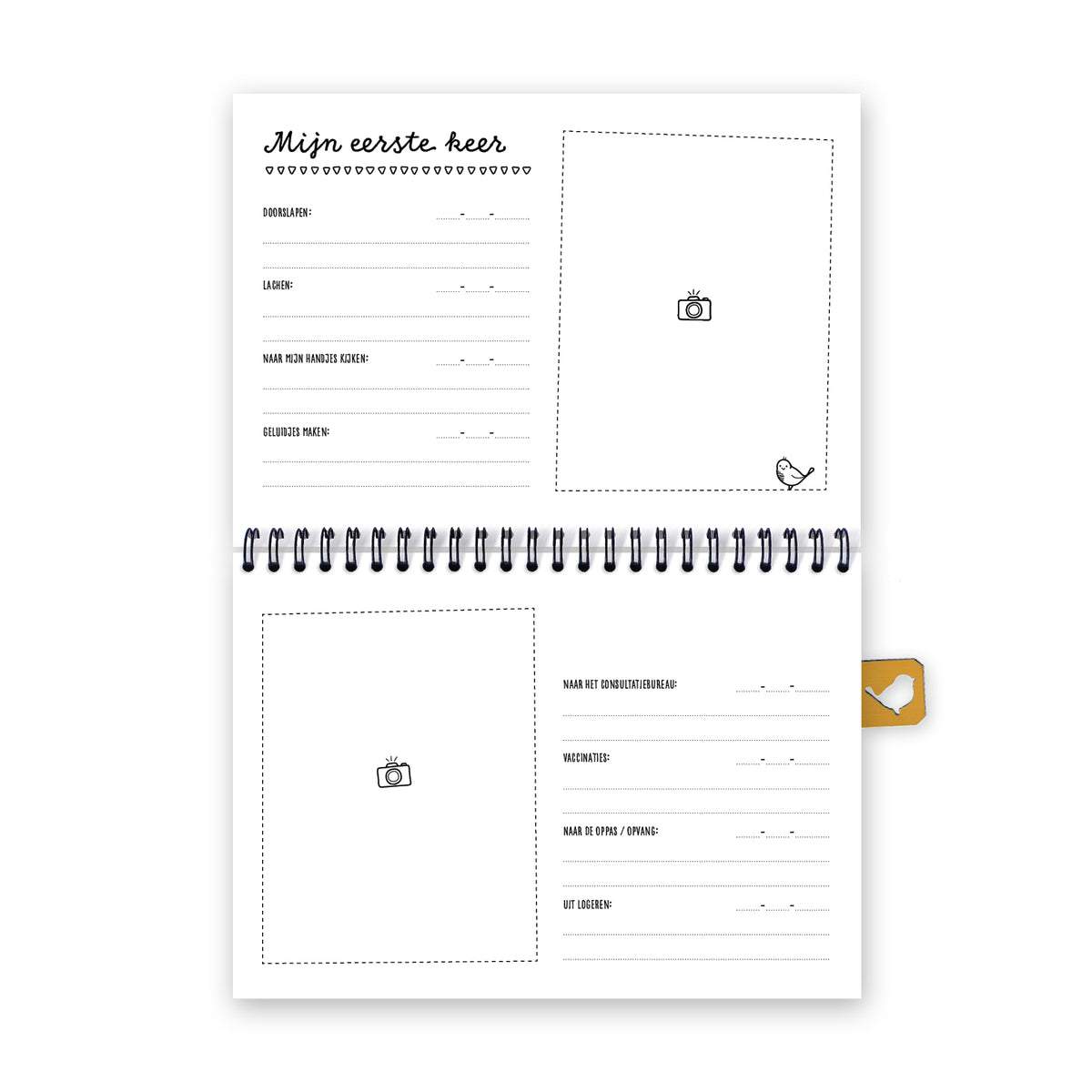 Vooraanzicht van pagina waarbij ruimte is om allerlei eerste keren in te vullen met datum en extra schrijfruimte. Ook is hier ruimte om foto's in te plakken. 