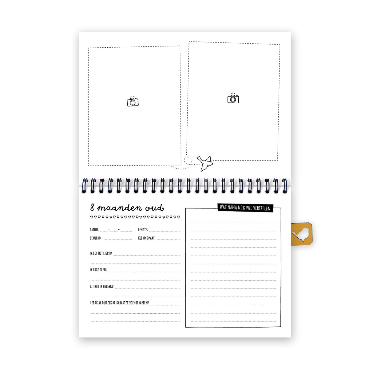 Vooraanzicht pagina 8 maanden oud met leuke vragen over hoe het gaat en extra schrijfruimte voor wat mama nog te vertellen heeft. Bovenste pagina is ruimte om foto's bij te voegen. 