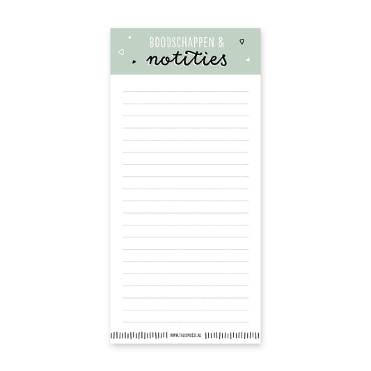 Boodschappen en notities. Gelijmd blok met lijnen en kleine groene balk op 10x21cm
