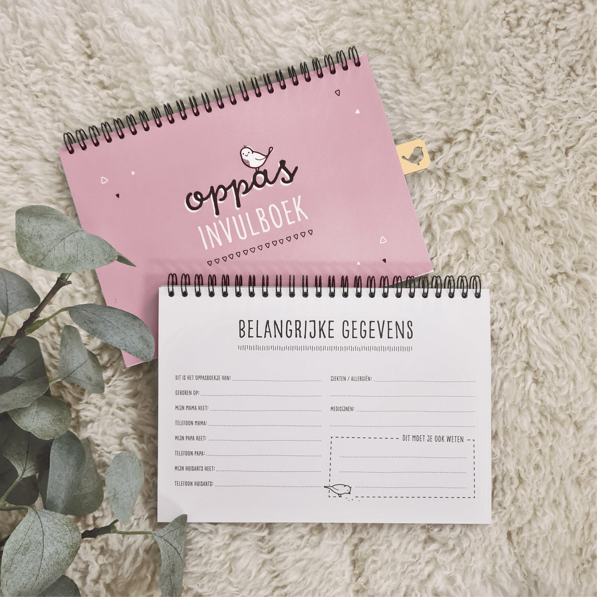 Sfeerbeeld van roze oppas invulboek op schapenkleed met opengeslagen boek erbij op de eerste pagina. Titel op dit blad is belangrijke gegevens, met vragen en schrijfruimte voor belangrijke telefoonnummers. 