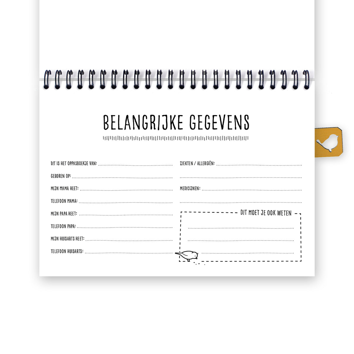 Close-up van pagina Belangrijke gegevens in het oppasboekje. Tekst gaat over kind, ouders, huisarts, ziekten en allergiën, medicijnen en overige zaken die je als oppas moet weten. 