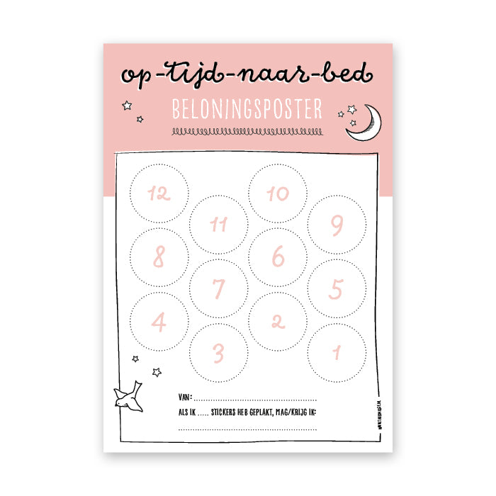 vooraanzicht roze op tijd naar bed beloningsposter met ruimte voor 12 stickers