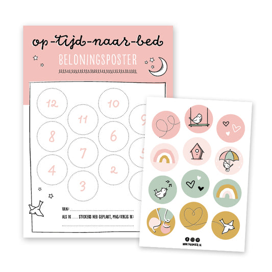 roze beloningsposter om op tijd naar bed te gaan, met vrolijk stickervel om 12 stickers te plakken
