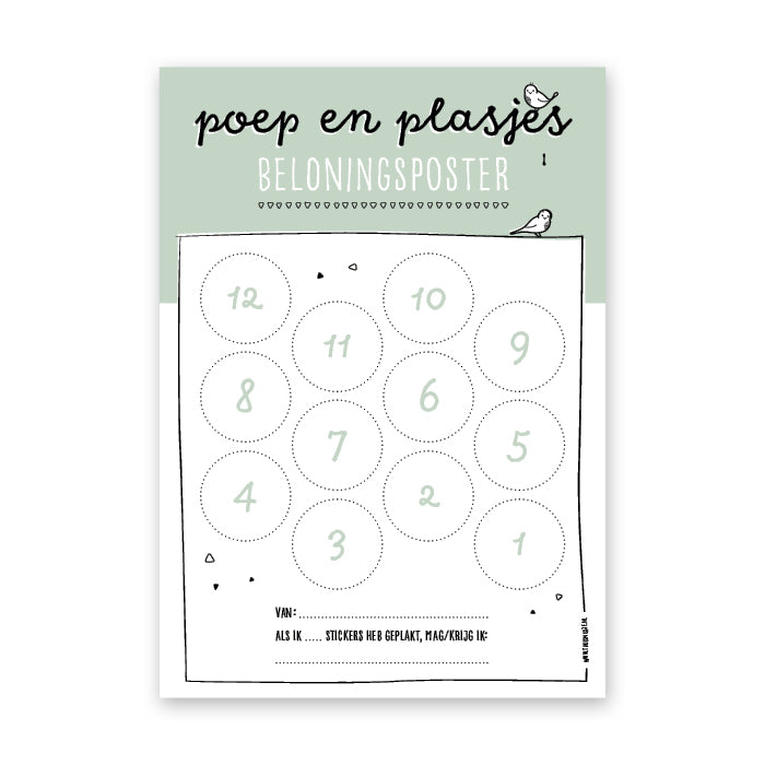 Vooraanzicht groene poep en plasjes beloningsposter met ruimte voor 12 stickers.