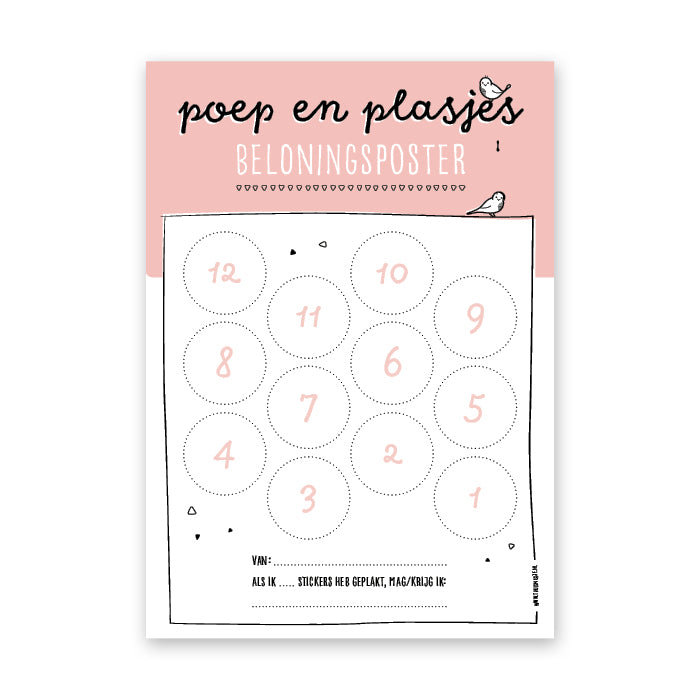 Vooraanzicht roze poep en plasjes beloningsposter met ruimte voor 12 stickers.