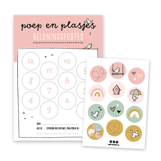 Beloningssysteem zindelijkheidstraining in de vorm van een poster inclusief stickervel met 12 stickers.