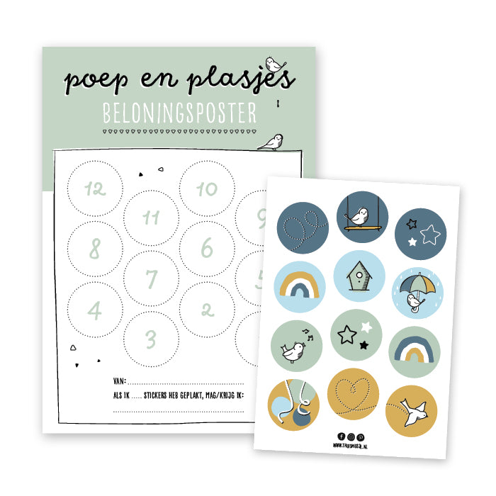 Beloningssysteem zindelijkheidstraining in de vorm van een poster inclusief stickervel met 12 stickers.