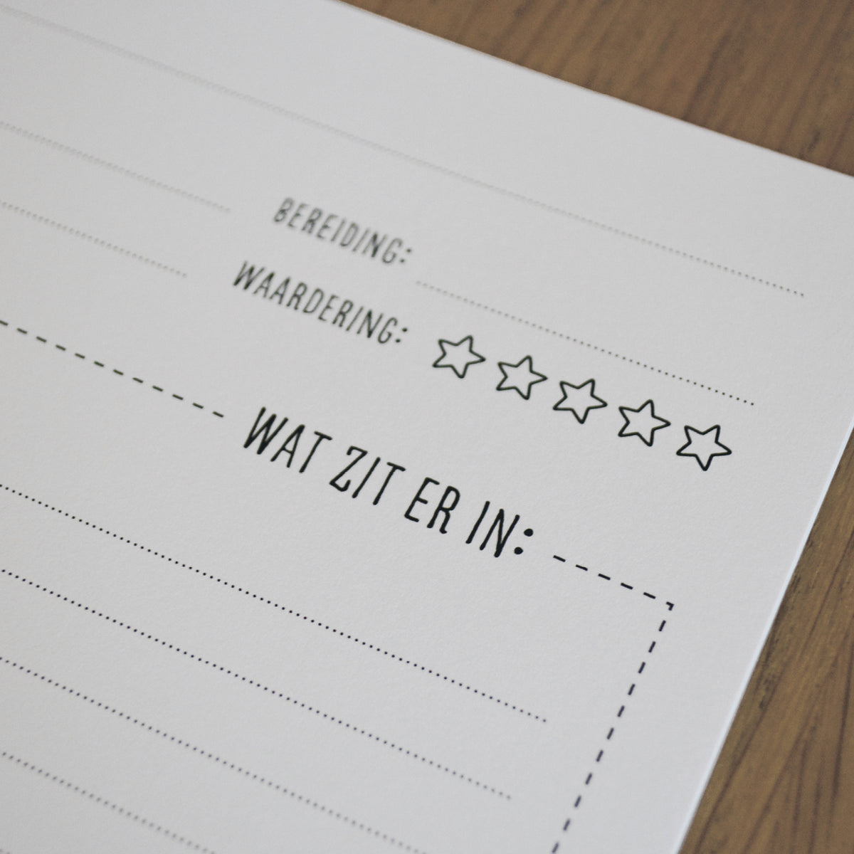 close-up van tekst bereiding, waardering met sterren en wat zit er in? 