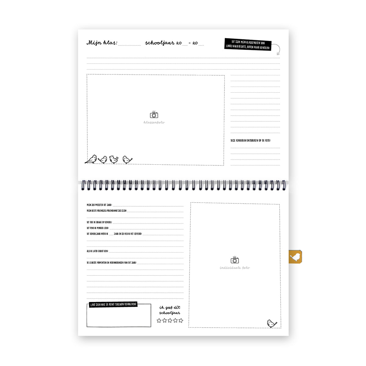 Digitaal voorbeeld binnenzijde schoolfotoboek. Ruimte voor foto's, met leuke vragen om in te vullen.