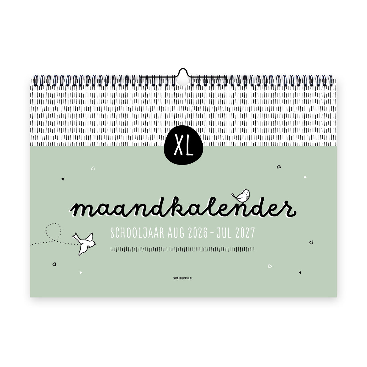 Vooraanzicht XL maandkalender schooljaar 2026-2027 op A3 formaat met ringband en ophanghaakje. Sfeervol zwart wit ontwerp met groen. 
