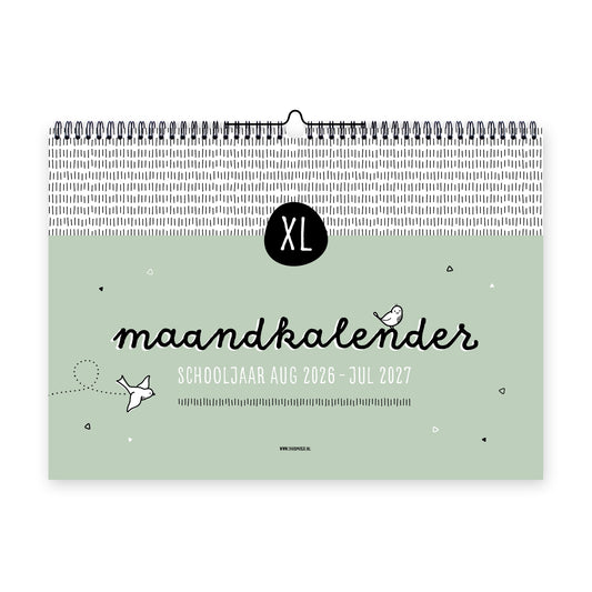 Vooraanzicht XL maandkalender schooljaar 2026-2027 op A3 formaat met ringband en ophanghaakje. Sfeervol zwart wit ontwerp met groen. 