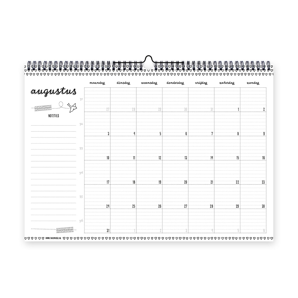 Digitaal beeld van de maand augustus in de A3 maandkalender schooljaar 2026 2027