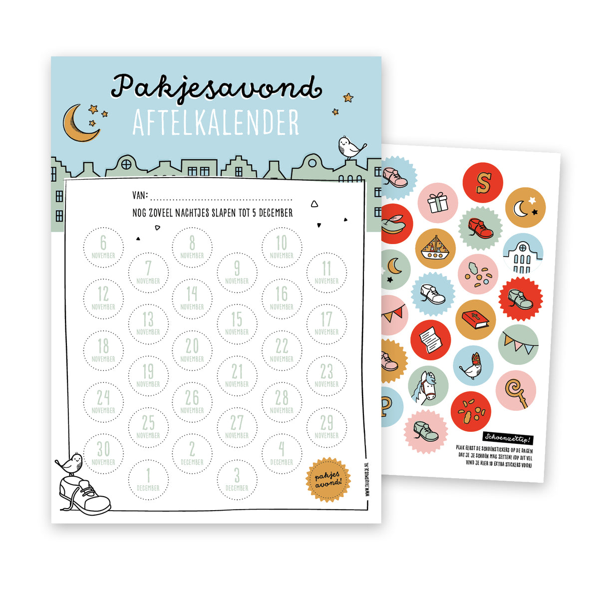Pakjesavond aftelkalender met stickervel vooraanzicht. 