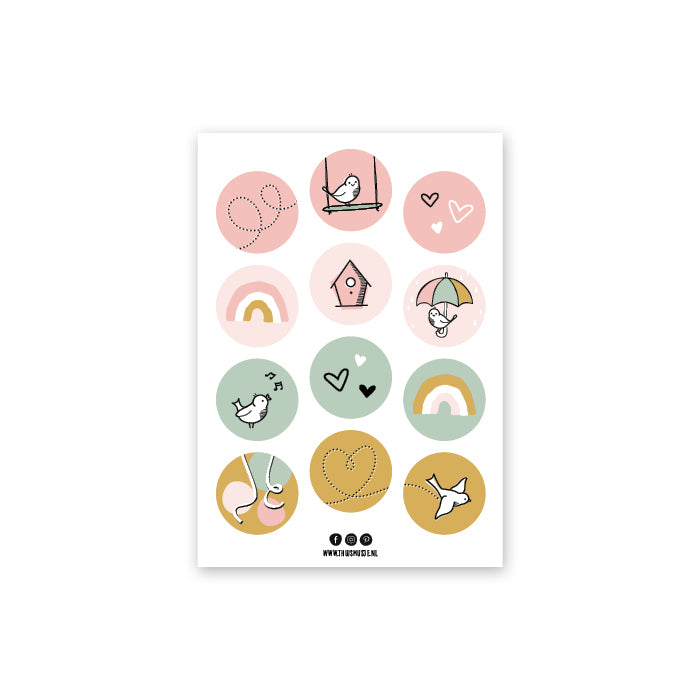 Vooraanzicht stickervel met 12 stickers in de kleuren roze, groen en okergeel. ontwerp met vogeltjes, regenboogjes en hartjes. 