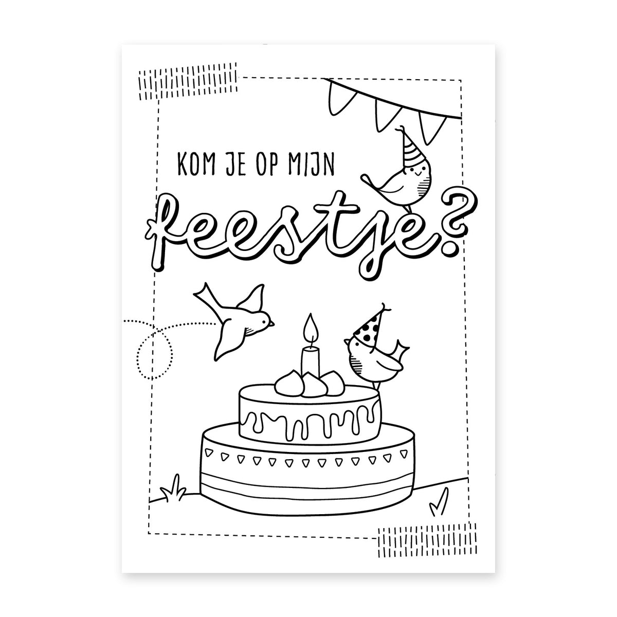 Digitaal vooraanzicht van uitnodigingskaart kinderfeestje met titel kom je op mijn feestje? inkleurbare afbeelding met een grote verjaardagstaart met vogeltjes met een feestmuts op. 