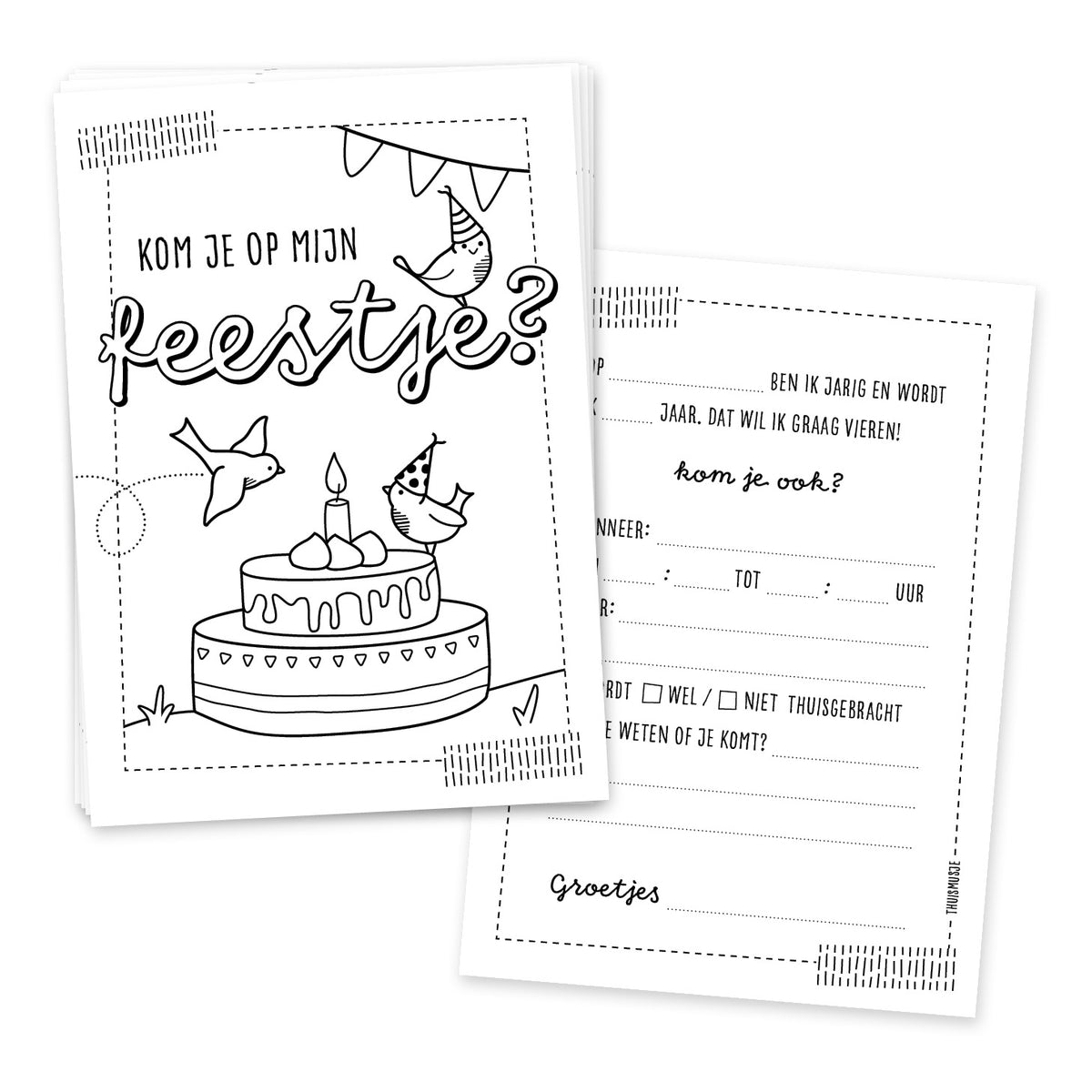 digitaal voorbeeld voor- en achterzijde uitnodigingskaarten kinderfeestje. ontwerp is zwart wit en ontworpen als inkleurbare kleurplaat. 