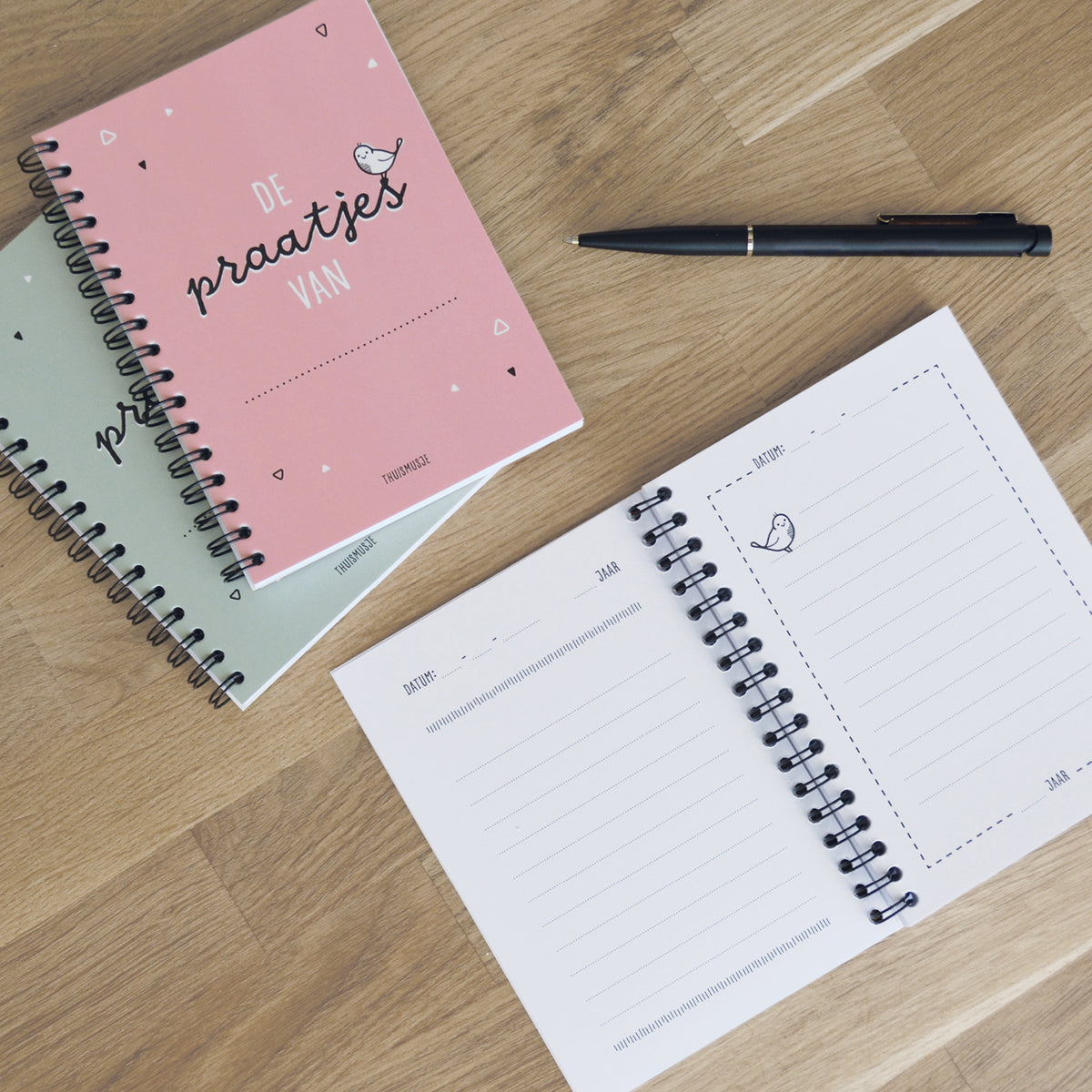 Sfeerbeeld van roze en groene praatjesboekjes op tafel met pen. 1 opengeslagen uitsprakenboekje met veel schrijfruimte voor praatjes. 