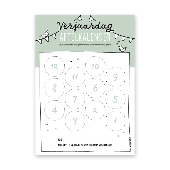 Verjaardag aftelkalender groen met in het ontwerp een slinger en vogeltjes plus de tekst: nog zoveel nachtjes slapen tot mijn verjaardag! 