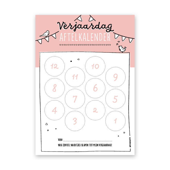 Verjaardag aftelkalender roze met in het ontwerp een slinger en vogeltjes plus de tekst: nog zoveel nachtjes slapen tot mijn verjaardag! 