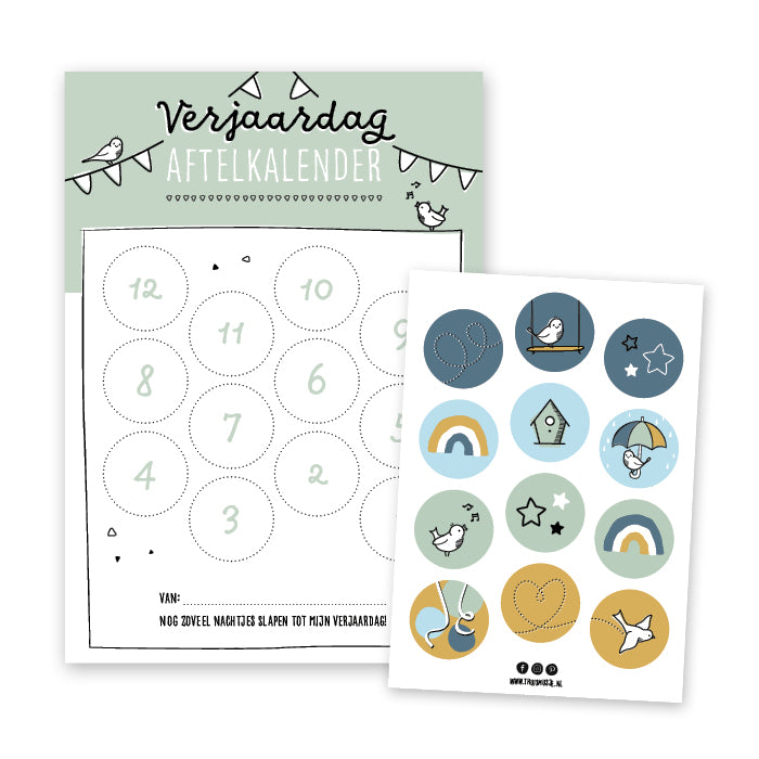 Groene aftelkalender voor verjaardag inclusief vrolijk stickervel met 12 stickers
