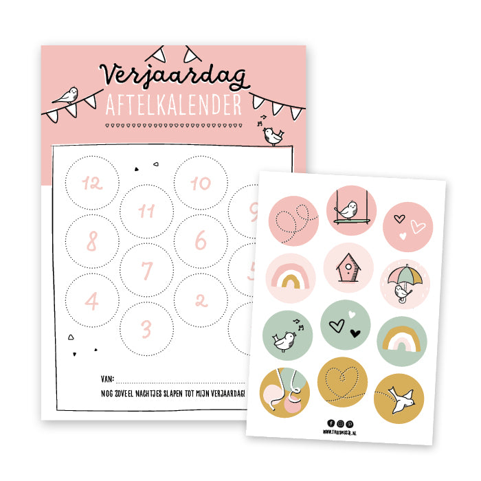 Roze aftelkalender voor verjaardag inclusief vrolijk stickervel met 12 stickers