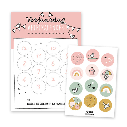 Roze aftelkalender voor verjaardag inclusief vrolijk stickervel met 12 stickers