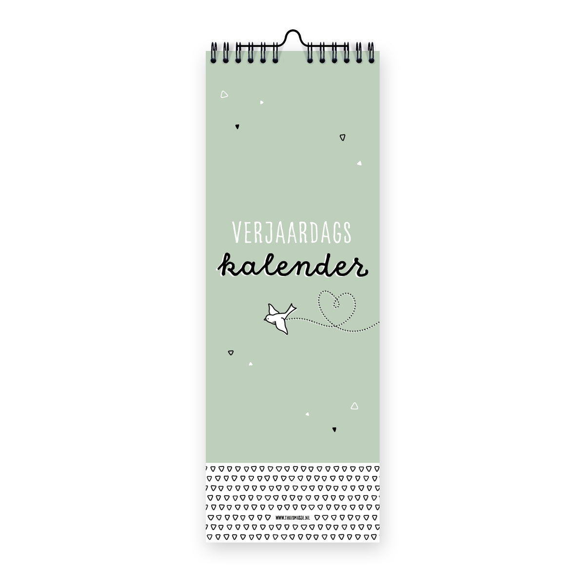 Vooraanzicht verjaardagskalender met zwarte ringband met ophanghaakje. Ontwerp is zwart wit met groene achtergrond en klein vogeltje. 