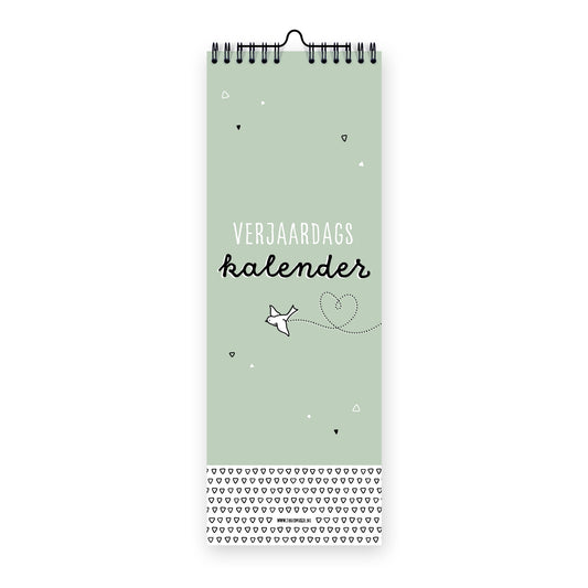 Vooraanzicht verjaardagskalender met zwarte ringband met ophanghaakje. Ontwerp is zwart wit met groene achtergrond en klein vogeltje. 