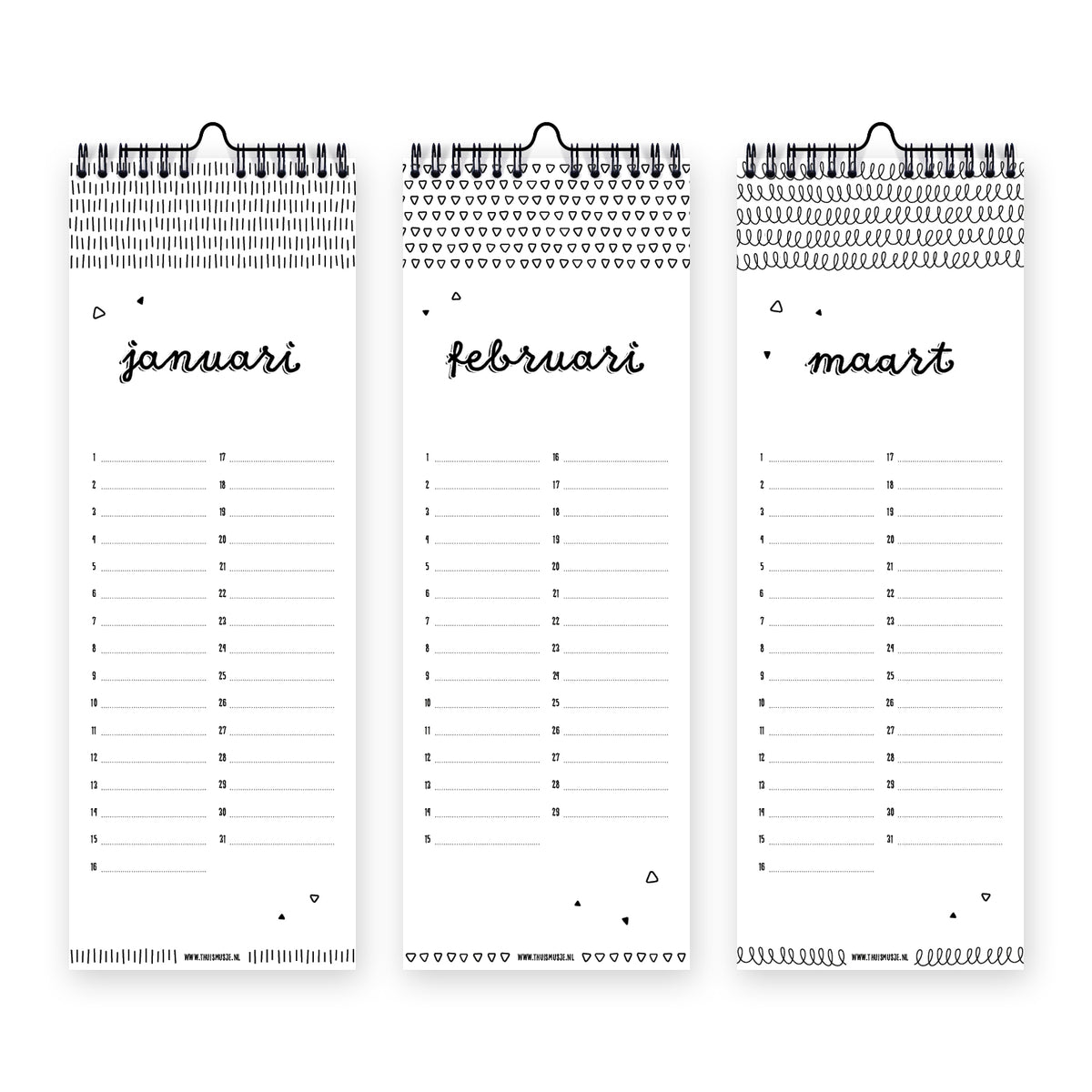 Binnenzijde verjaardagskalender van de pagina's januari, februari en maart. Pagina's zijn zwart wit met leuk afwisselend design
