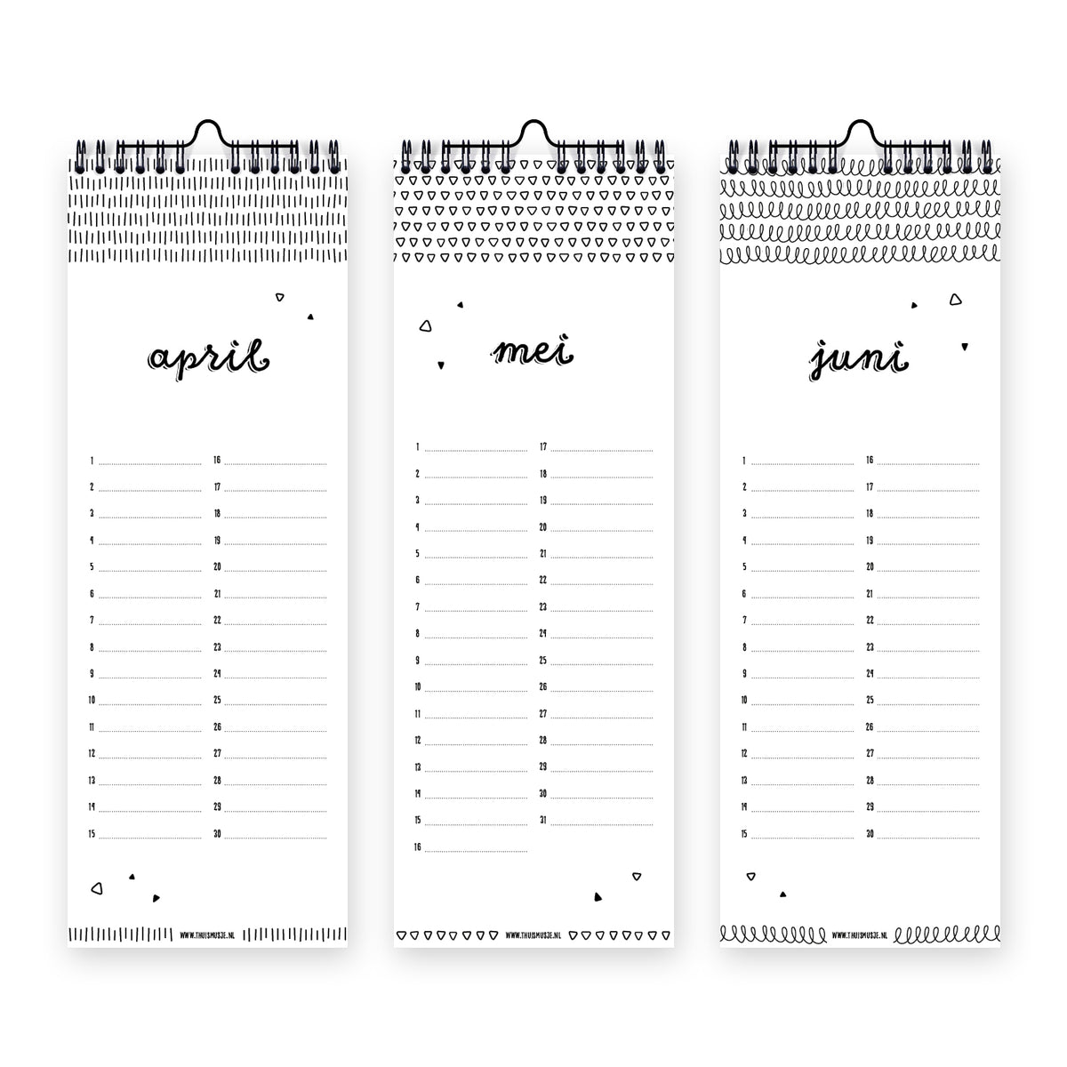 Binnenzijde verjaardagskalender van de pagina's april, mei en juni. Pagina's zijn zwart wit met leuk afwisselend design.