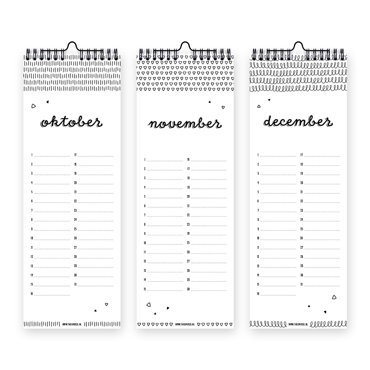 Binnenzijde verjaardagskalender van de pagina's oktober, november en december. Pagina's zijn zwart wit met leuk afwisselend design