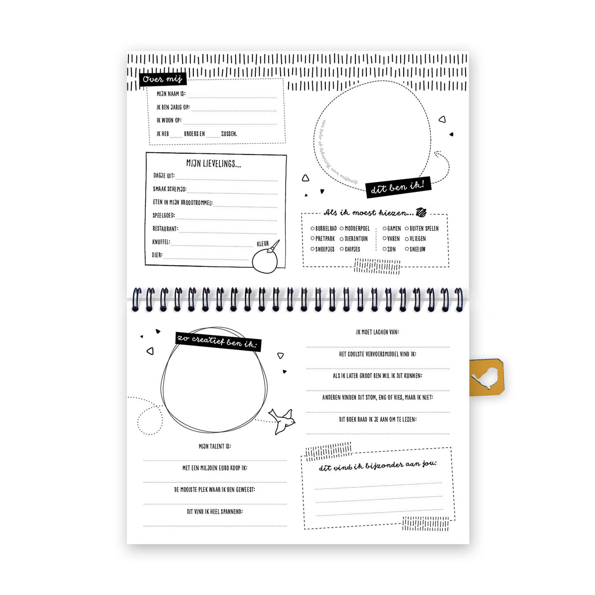 Digitaal beeld vooraanzicht opengeslagen vriendenboekje met pagina welke vriendje of vriendinnetje mag invullen. Vrolijk en creatief, met afwisseling in ontwerp per pagina. 