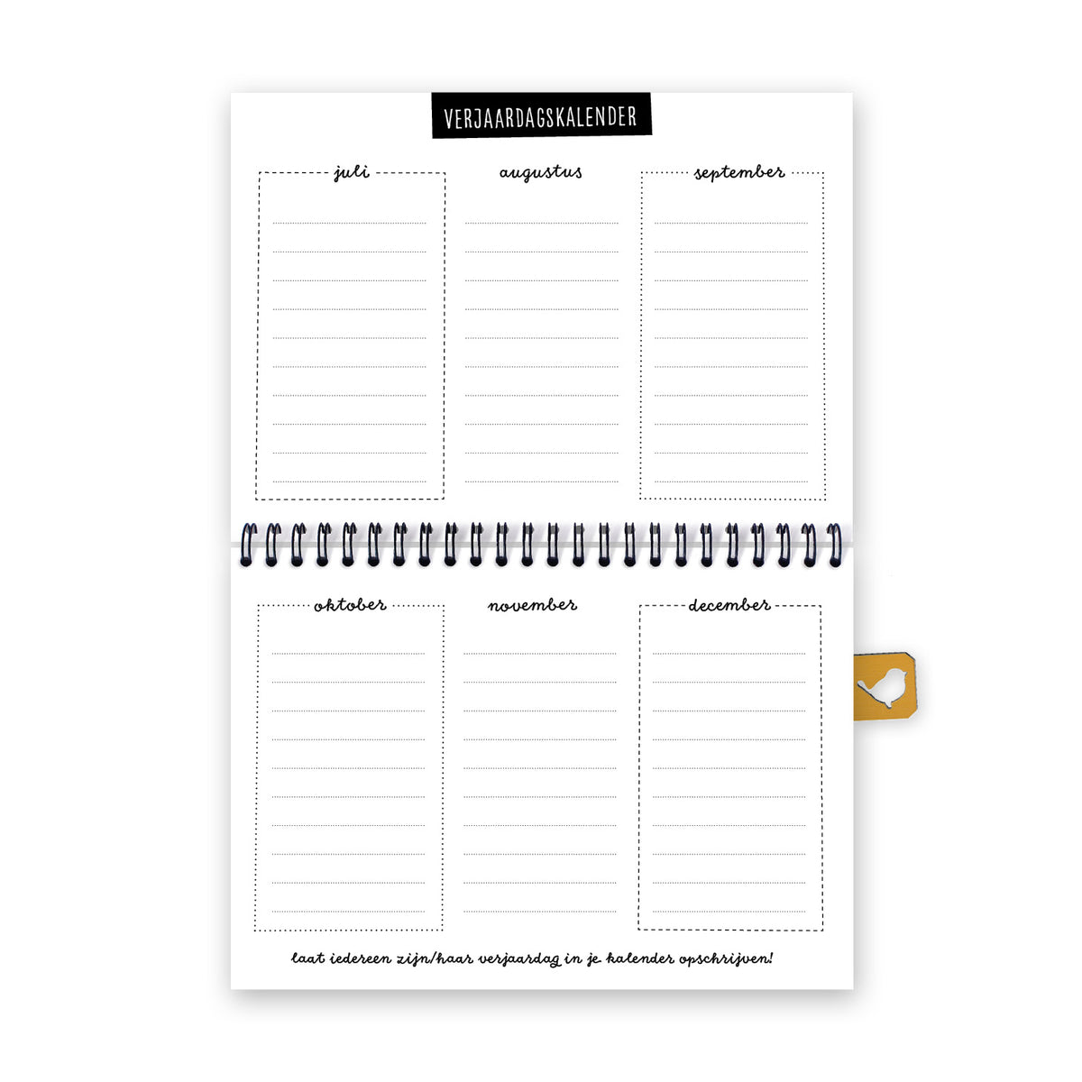 Digitaal beeld vooraanzicht van verjaardagskalender welke midden in het boek zit. 