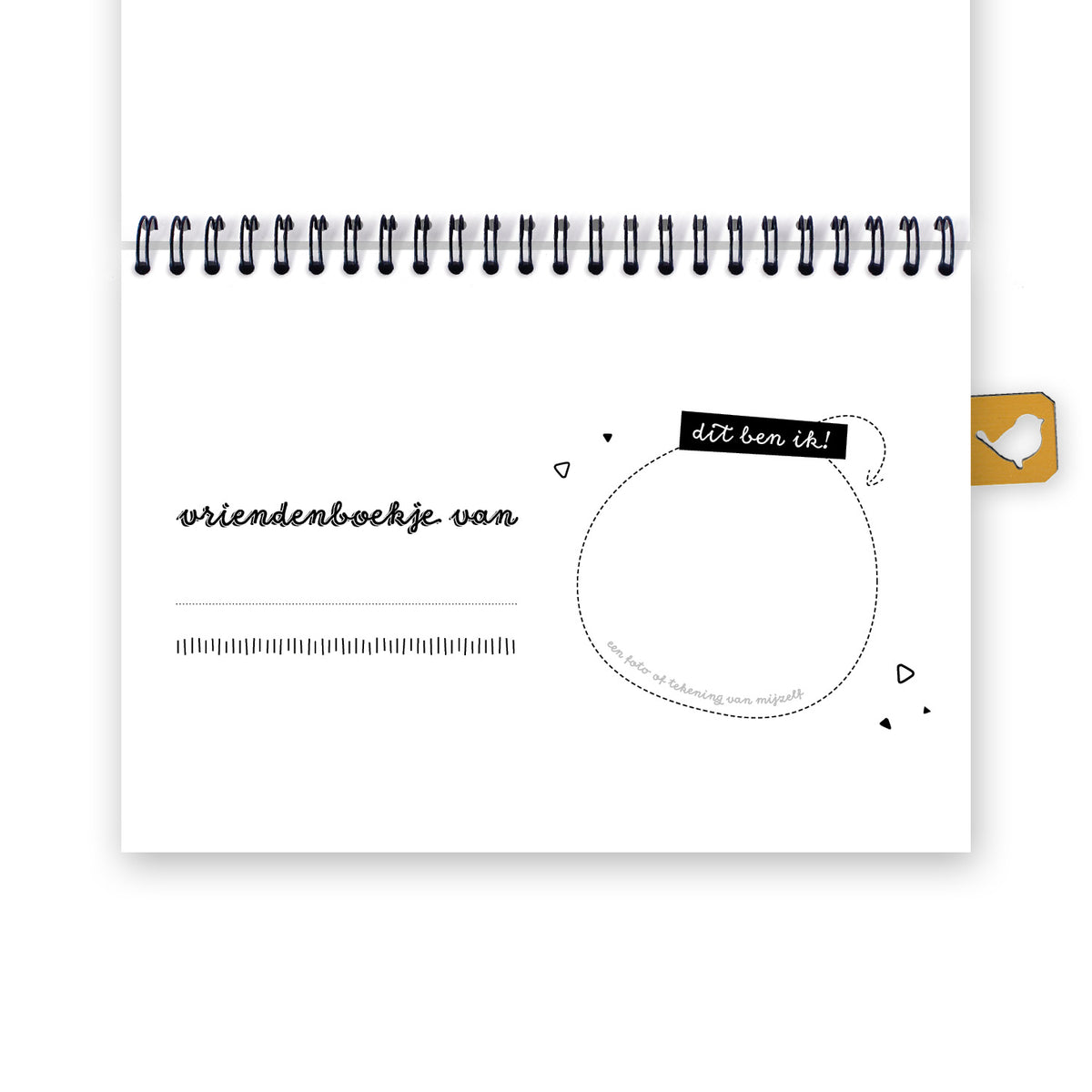 Digitaal vooraanzicht van eerste pagina vriendenboekje. Ruimte om op te schrijven van wie het vriendenboekje is met ruimte voor een foto en de tekst Dit ben ik!