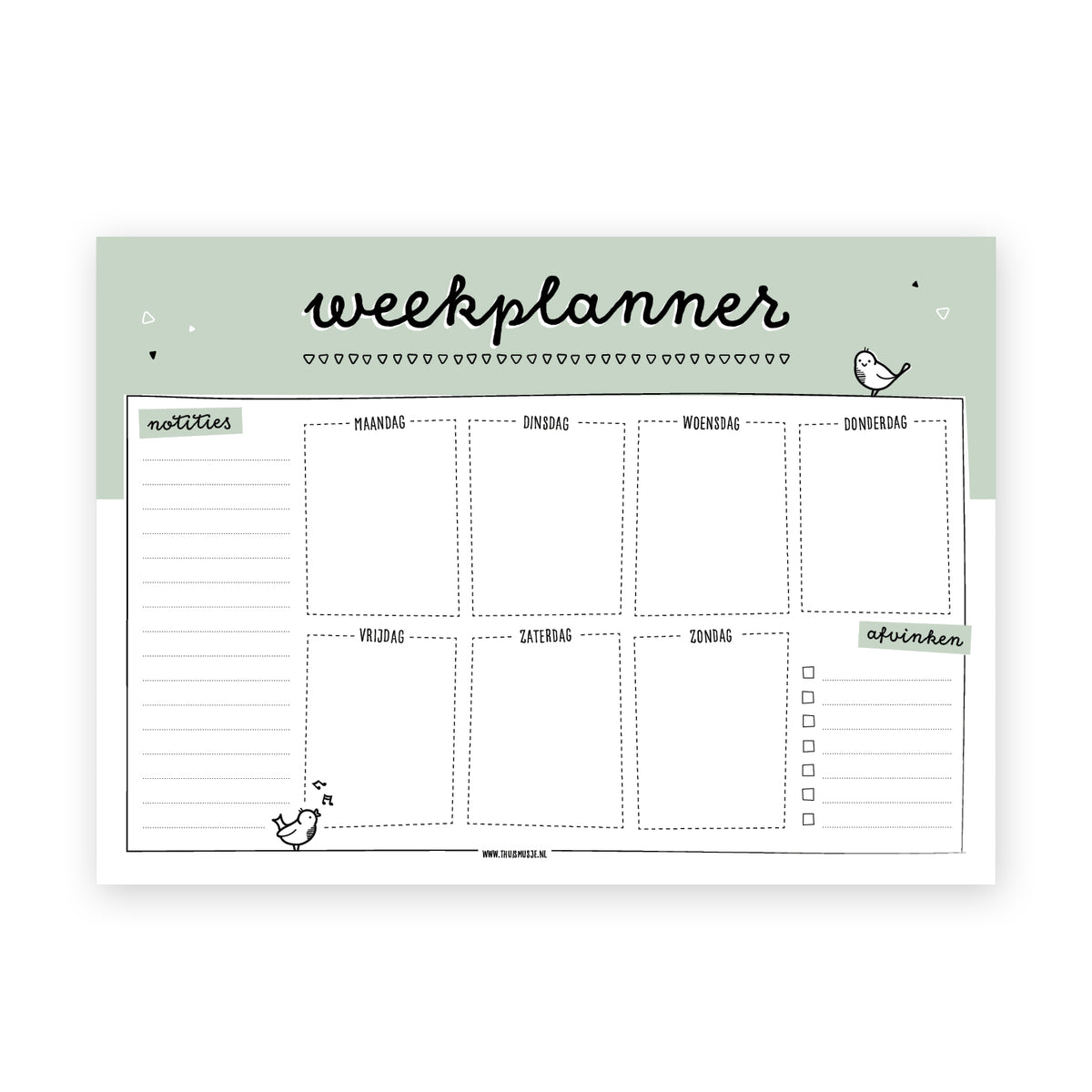 Planner om je week per dag mee in te delen met extra ruimte voor notities en een afvinkbare checklist