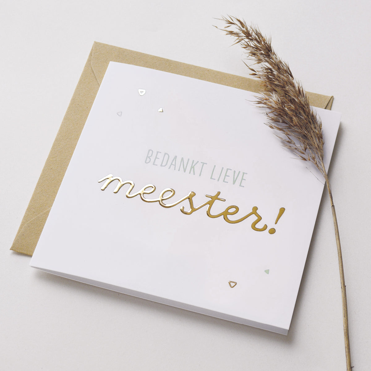 Wenskaart met goudfolie met de tekst bedankt lieve meester! Weergegeven met kraft envelop