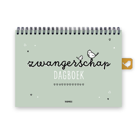 Vooraanzicht zwangerschap dagboek, A5 formaat met zwarte ringband. Ontwerp is groen met zwart en witte letters, en een klein en groot musje die bovenop de tekst zitten. Sfeervolle en warme uitstraling. 