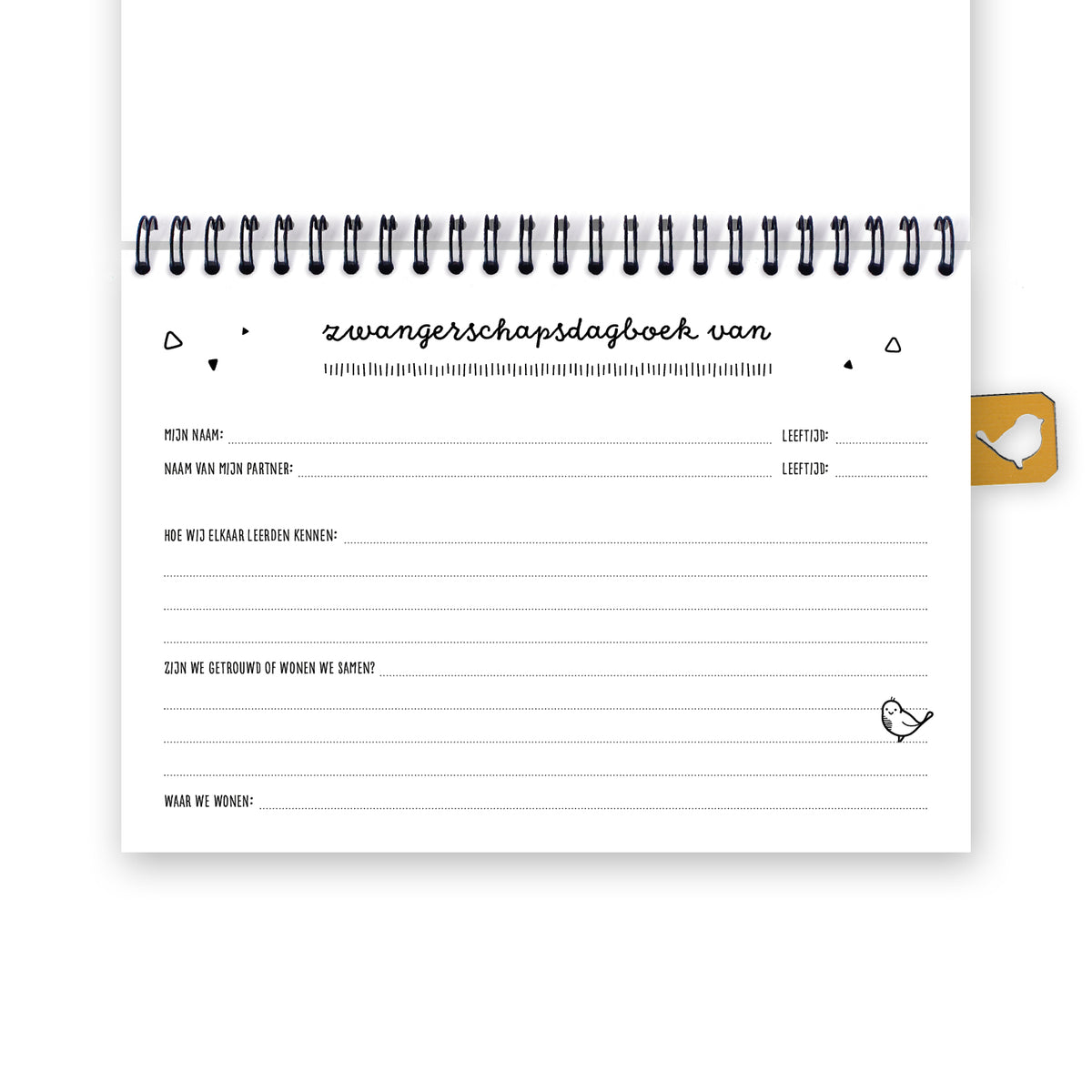 Vooraanzicht eerste pagina zwangerschapsdagboek, met vragen over wie je bent, wie je partner is, en een aantal leuke vragen over jullie relatie. 
