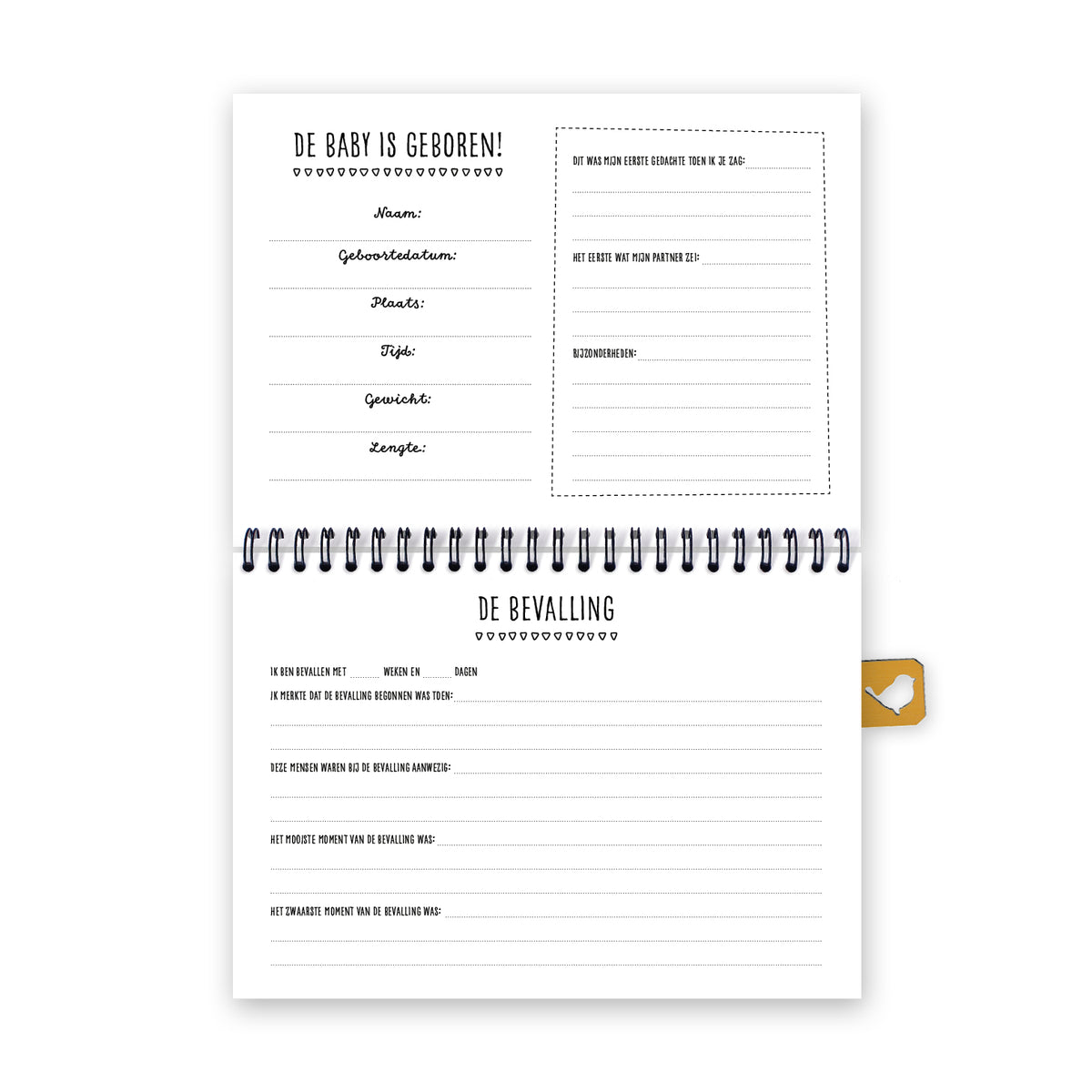 Vooraanzicht van een van de laatste pagina's in het invulboek. De baby is geboren en de bevalling. Met schrijfruimte en bijpassende vragen om hierover te vertellen.